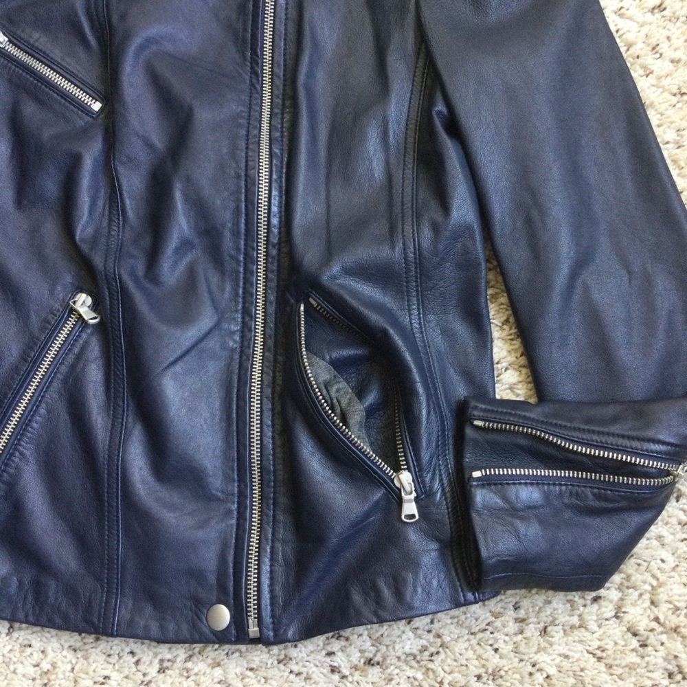 Rebecca Taylor Navy Blue Leather Moto Jacket - Picture 4 of 11